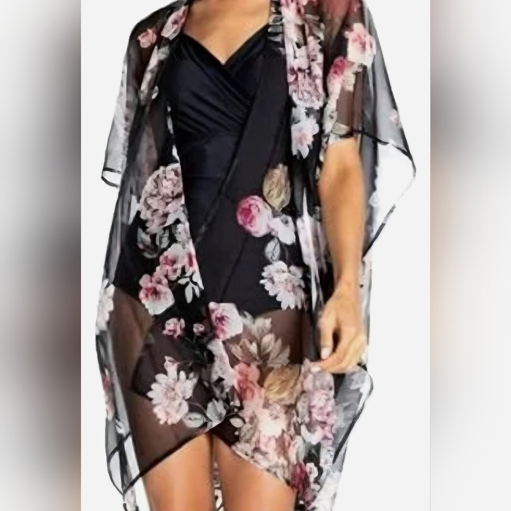 Cyn & Luca Floral Sheer Kimono Cover Up Robe- Size Med